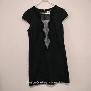 Ofita Black Crochet Lace Trim Hem V Neck Front Mini Dress Size 36 Wool Lined F